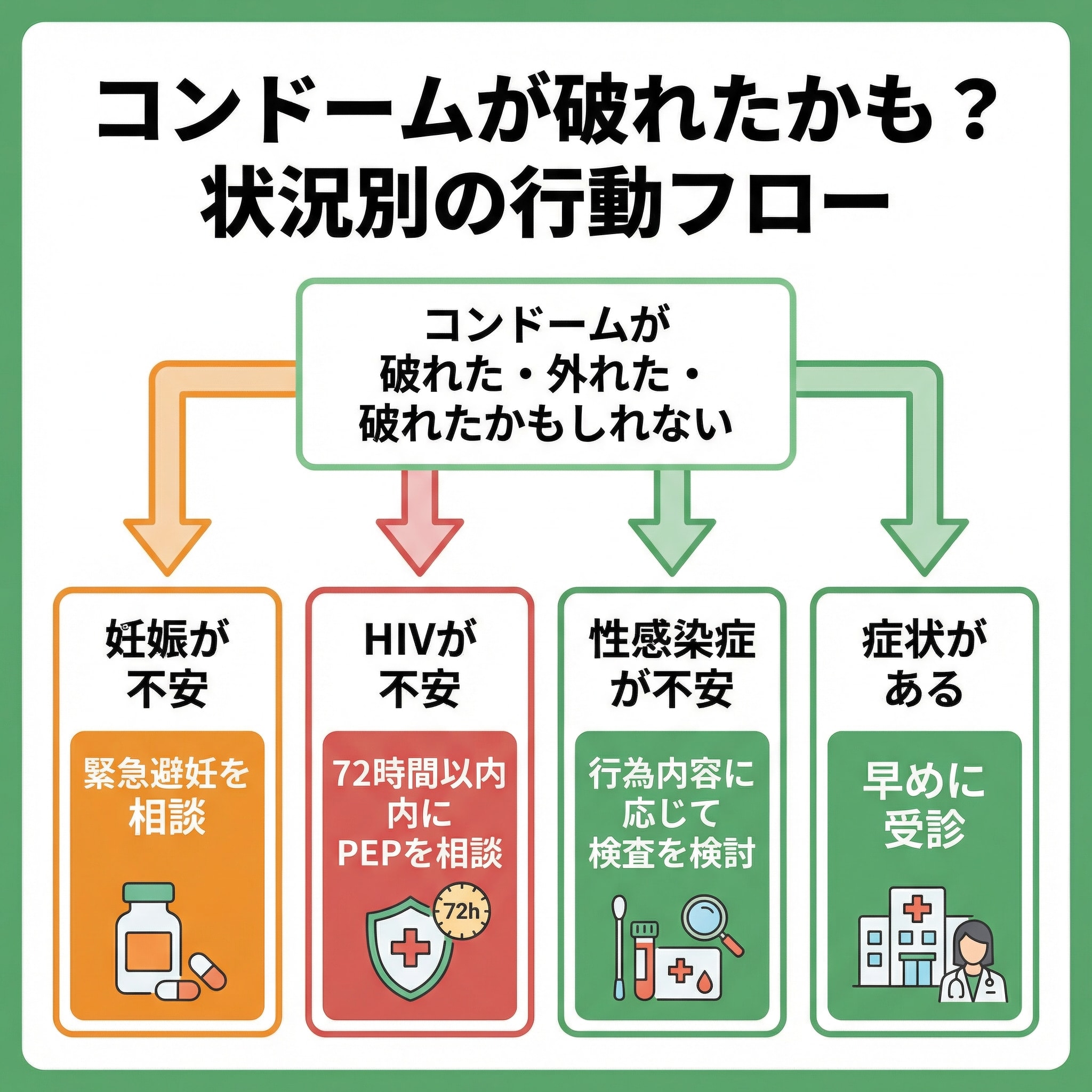 コンドームが破れた時のフローチャート：妊娠が不安→緊急避妊、HIVが不安→PEP、症状がある→受診