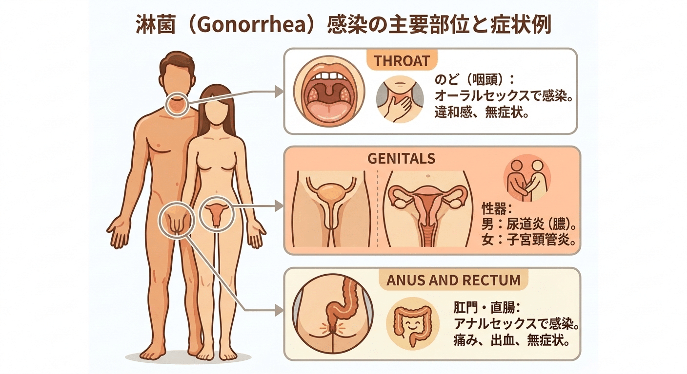 淋菌の感染部位（性器・のど・肛門）の図解