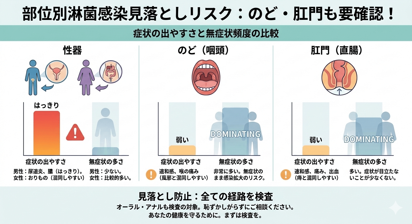 淋菌感染の部位別見落としリスク（性器・のど・肛門）