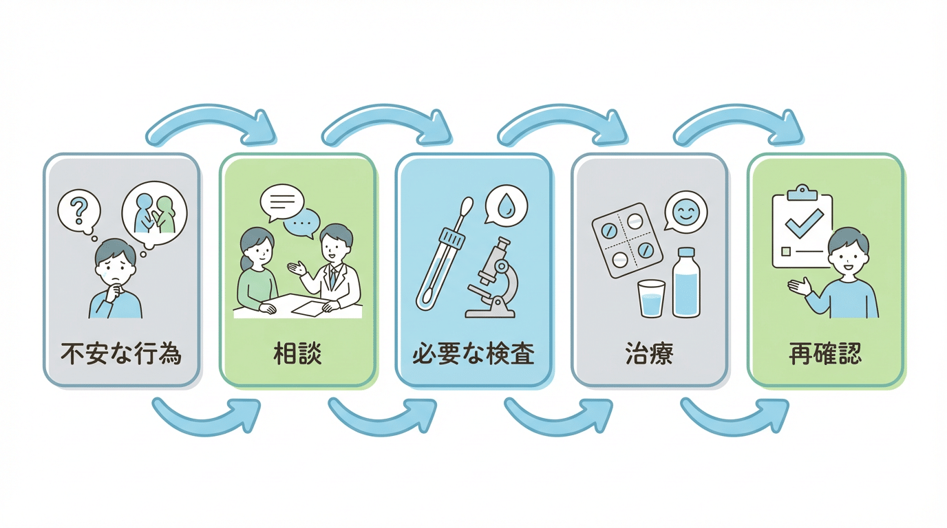 咽頭クラミジア検査の流れ（不安な行為→相談→検査→治療→再確認）