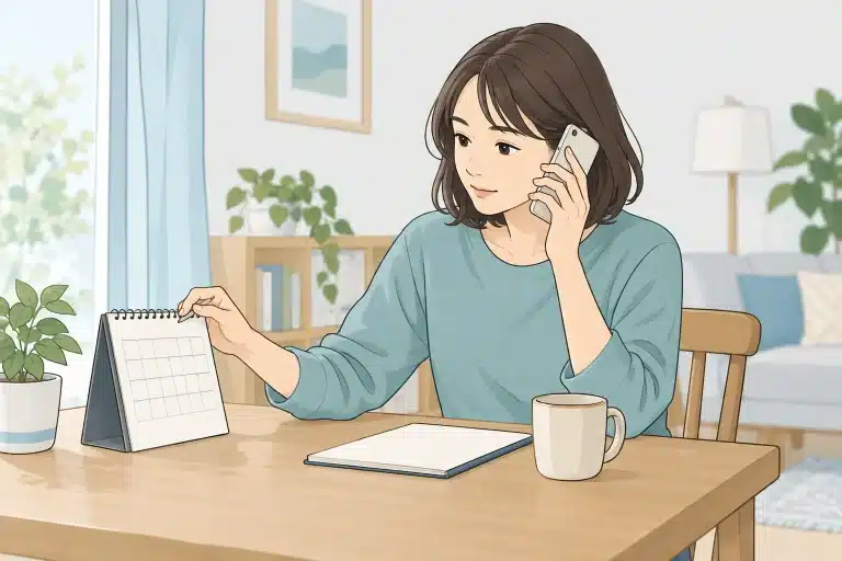 カレンダーで日時を確かめながら電話で相談する人