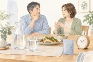 食卓で話す成人の二人と、水・食事・時計