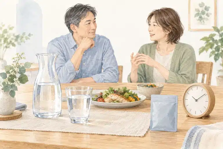 食卓で話す成人の二人と、水・食事・時計