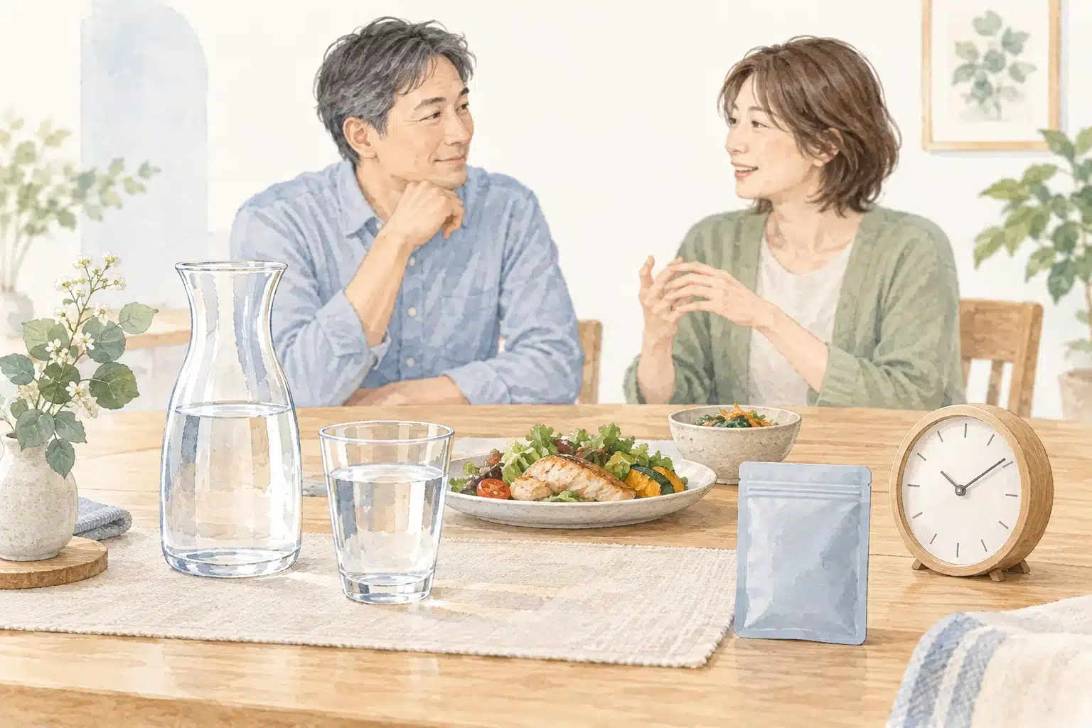 食卓で話す成人の二人と、水・食事・時計