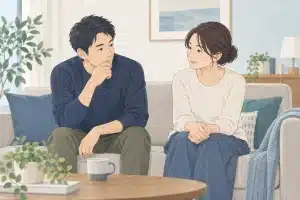 ソファに座り、落ち着いて話し合う成人のカップル