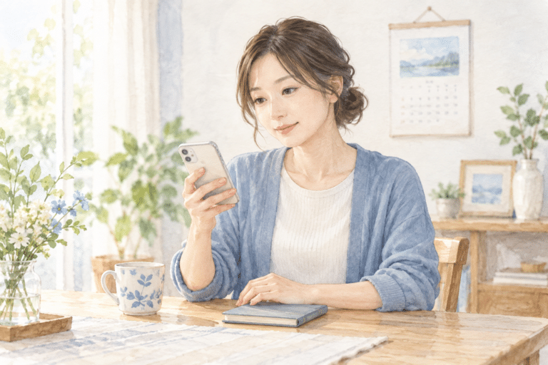 日付を確かめながらスマートフォンを見る成人女性のイラスト