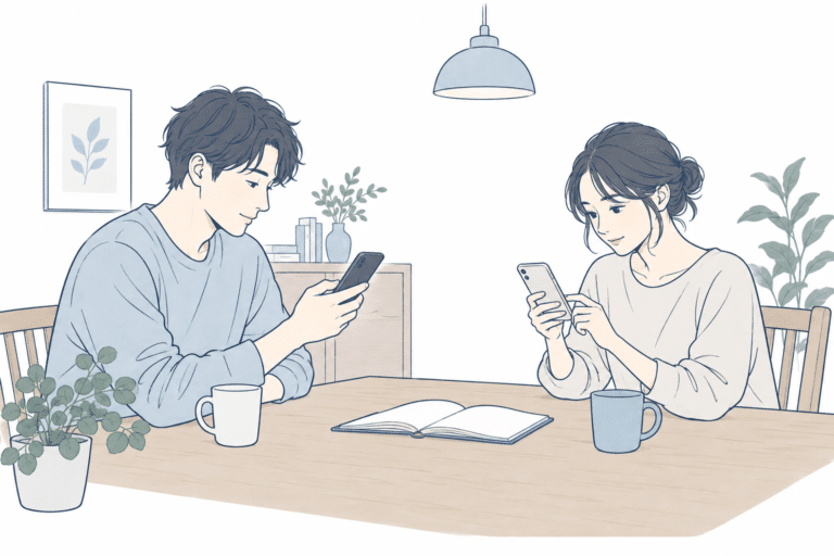 パートナーがそれぞれスマートフォンで受診の準備をする様子