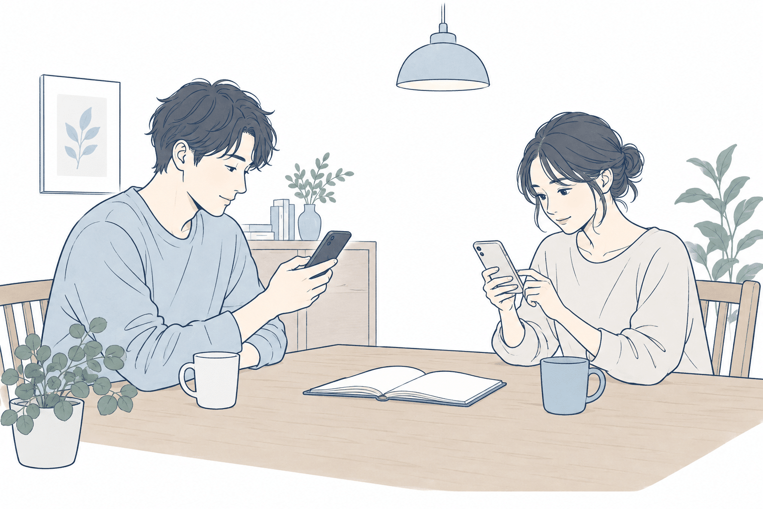 パートナーがそれぞれスマートフォンで受診の準備をする様子