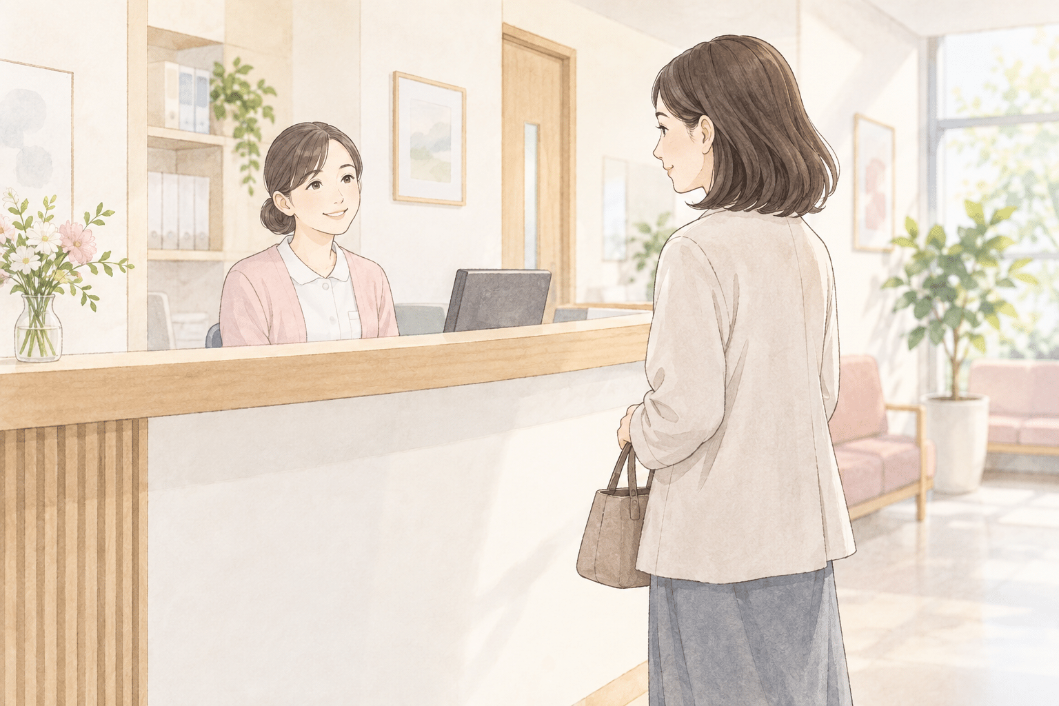 クリニックの受付を訪れる人
