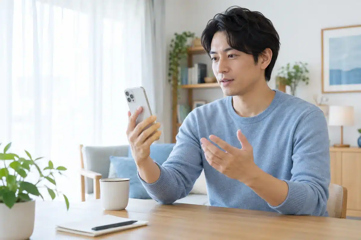 自宅でスマートフォンを使って相談する成人のイメージ（AI生成）