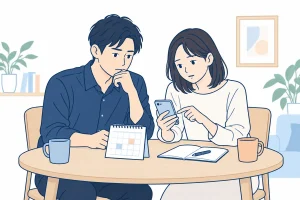 パートナーとカレンダーやスマートフォンを見ながら受診を考えるイラスト