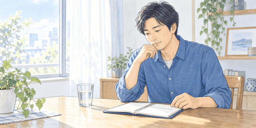 自宅で手帳を眺め、日々の予定を考える男性のイラスト(AI生成)
