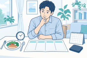 食事、時間、費用を考えながら選択肢を比較する男性のイラスト
