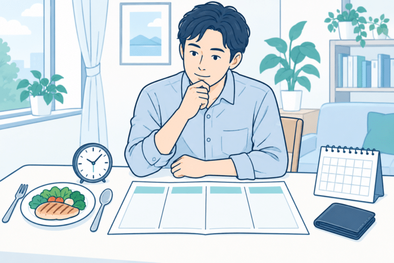 食事、時間、費用を考えながら選択肢を比較する男性のイラスト