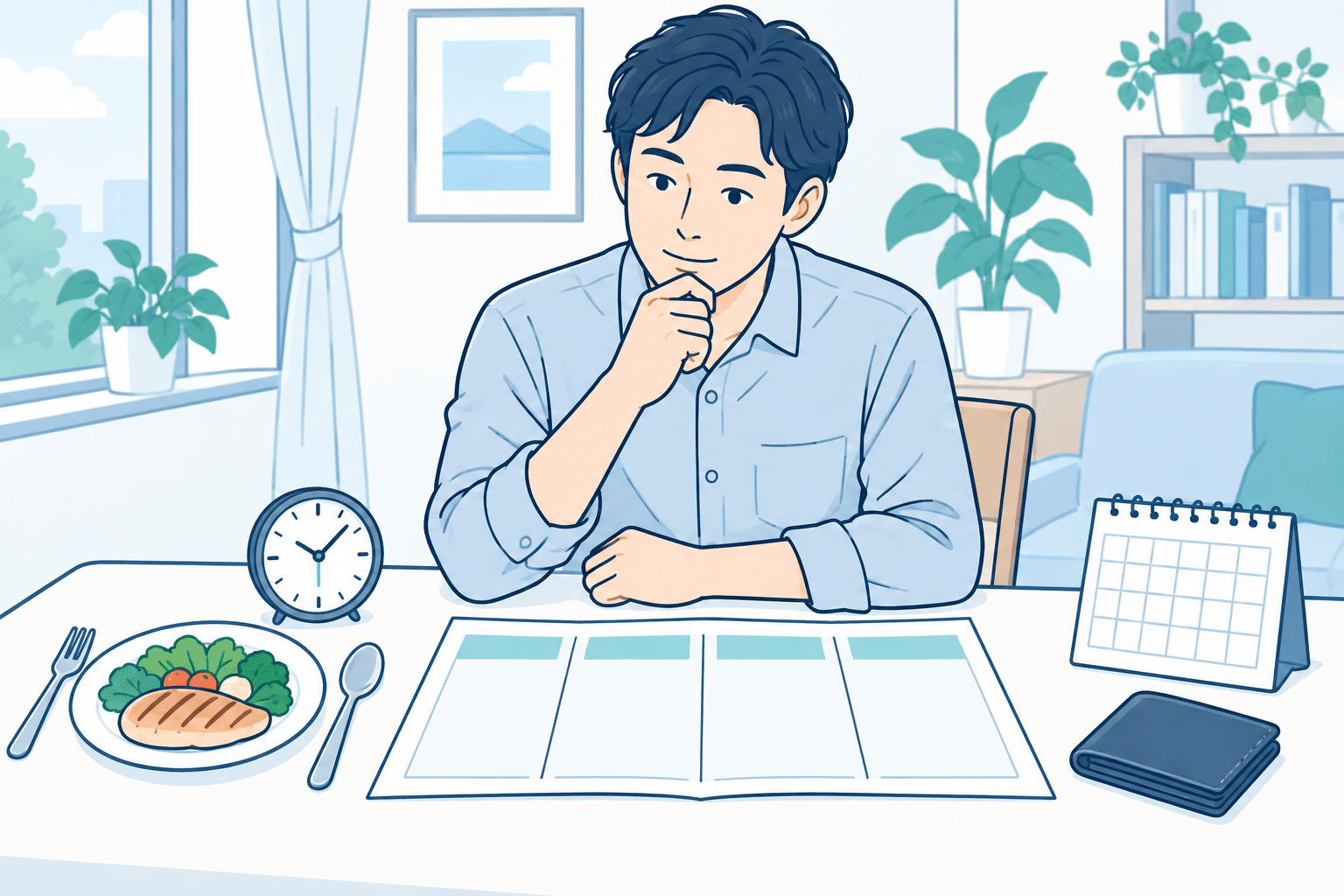 食事、時間、費用を考えながら選択肢を比較する男性のイラスト