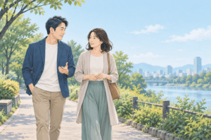 公園を歩きながら穏やかに会話する二人