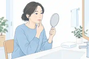 唇の変化を手鏡で確認する女性のイラスト