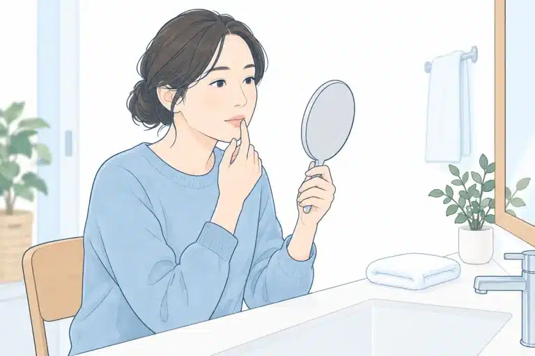 唇の変化を手鏡で確認する女性のイラスト