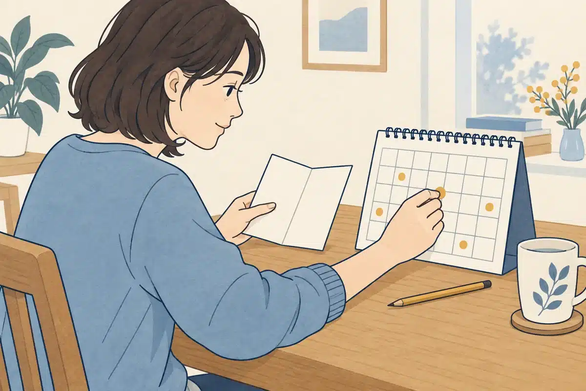 再発の時期をカレンダーに記録する様子