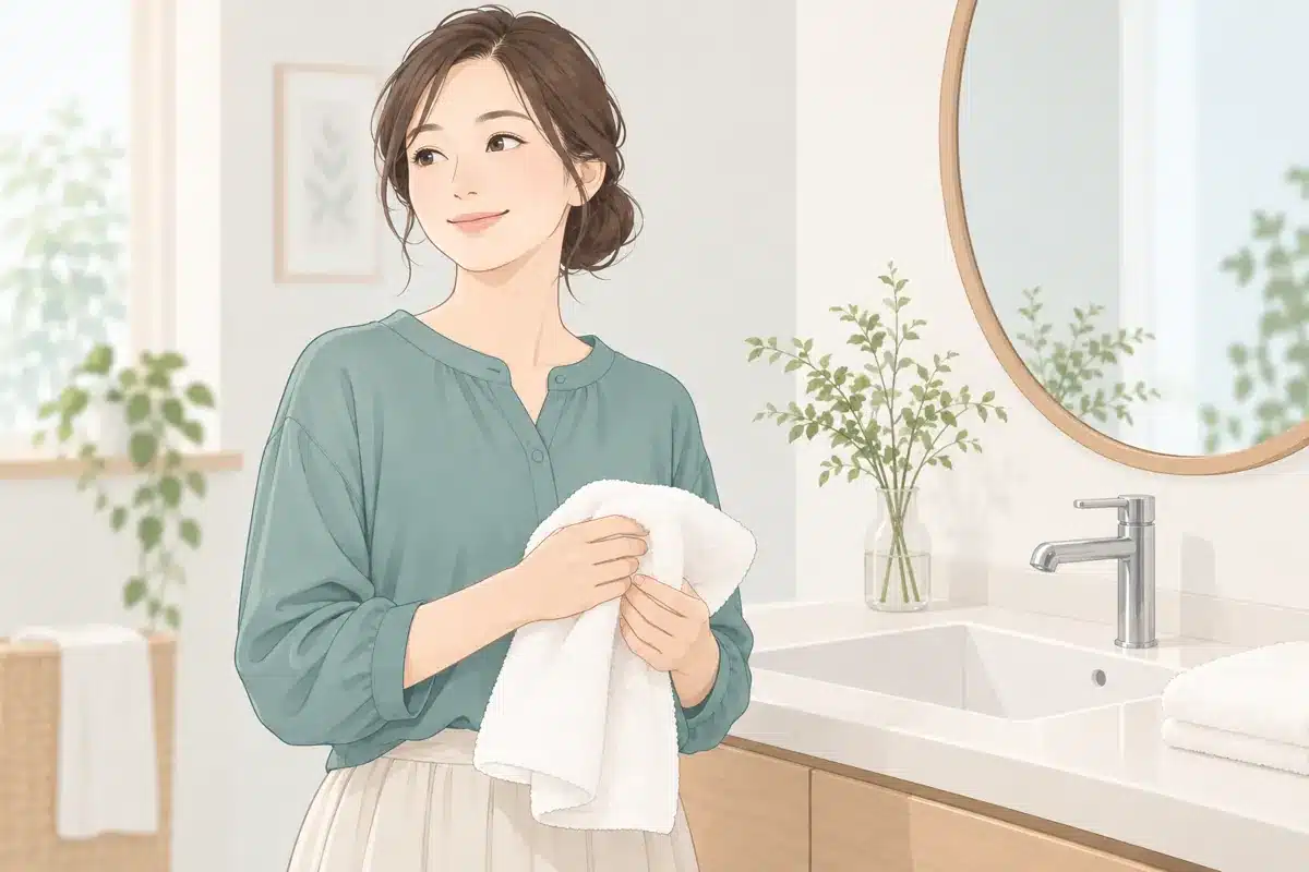 洗面台のそばで柔らかいタオルを持つ成人女性のイラスト