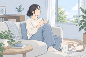窓辺のソファで休息をとる人