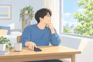 スマートフォンを置き、窓の外へ目を向ける人