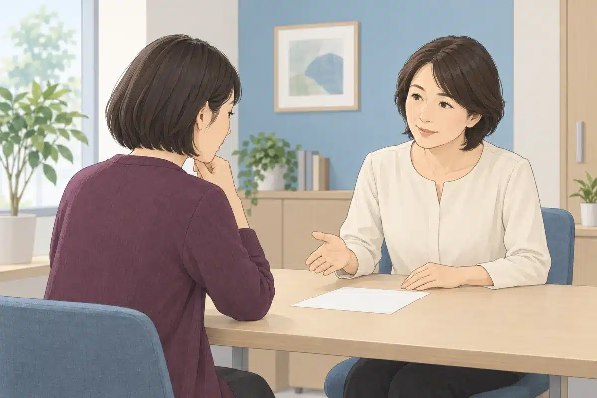 相談員と結果の説明を確認する人