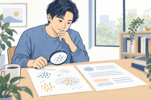 資料を見ながら情報を確かめる人