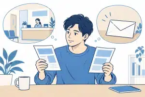 医療機関と自宅で受ける検査の案内を見比べる人