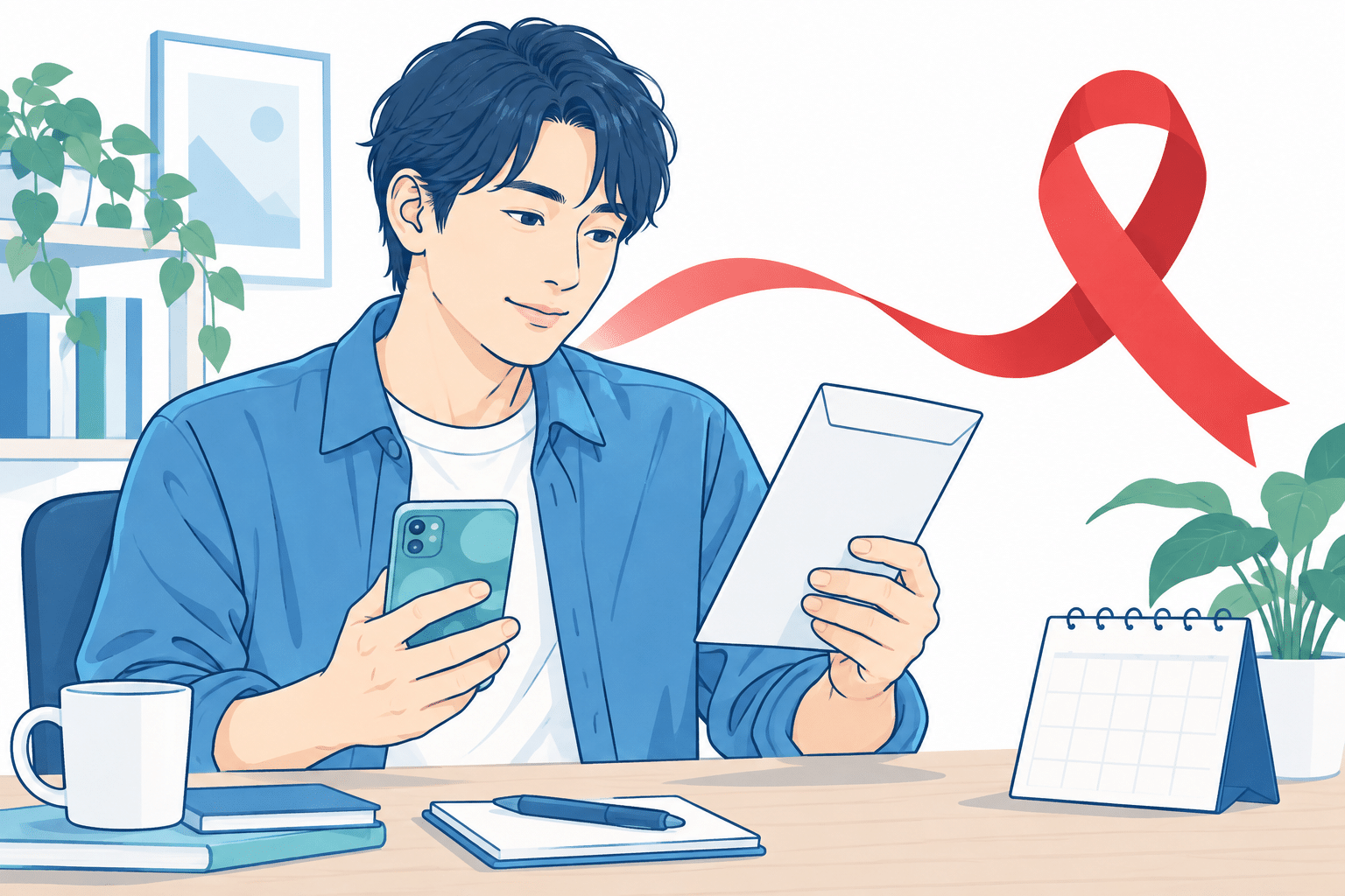 検査について考える人と、HIVへの理解を表すレッドリボンのイラスト