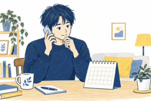 カレンダーを見ながら検査の受診予定を相談する人