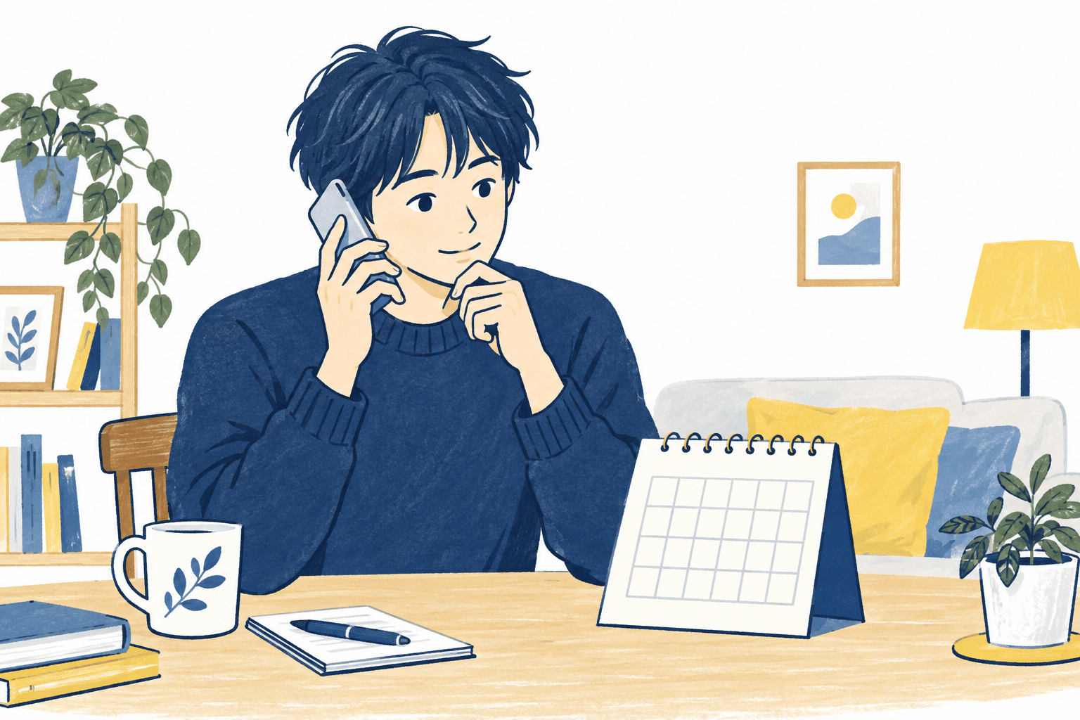 カレンダーを見ながら検査の受診予定を相談する人