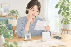 服用前に薬の説明書を確認する成人女性のイラスト