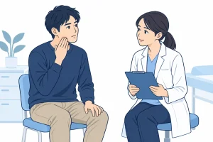 口の違和感について医師に相談する男性のイラスト