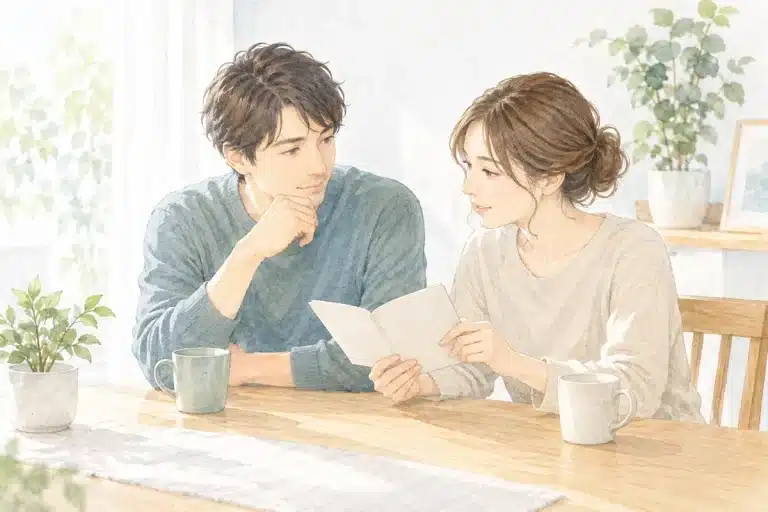 説明冊子を見ながら、二人で治療や生活について話し合うイメージ
