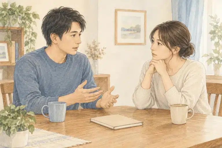 検査と受診について落ち着いて話し合うパートナーのイラスト
