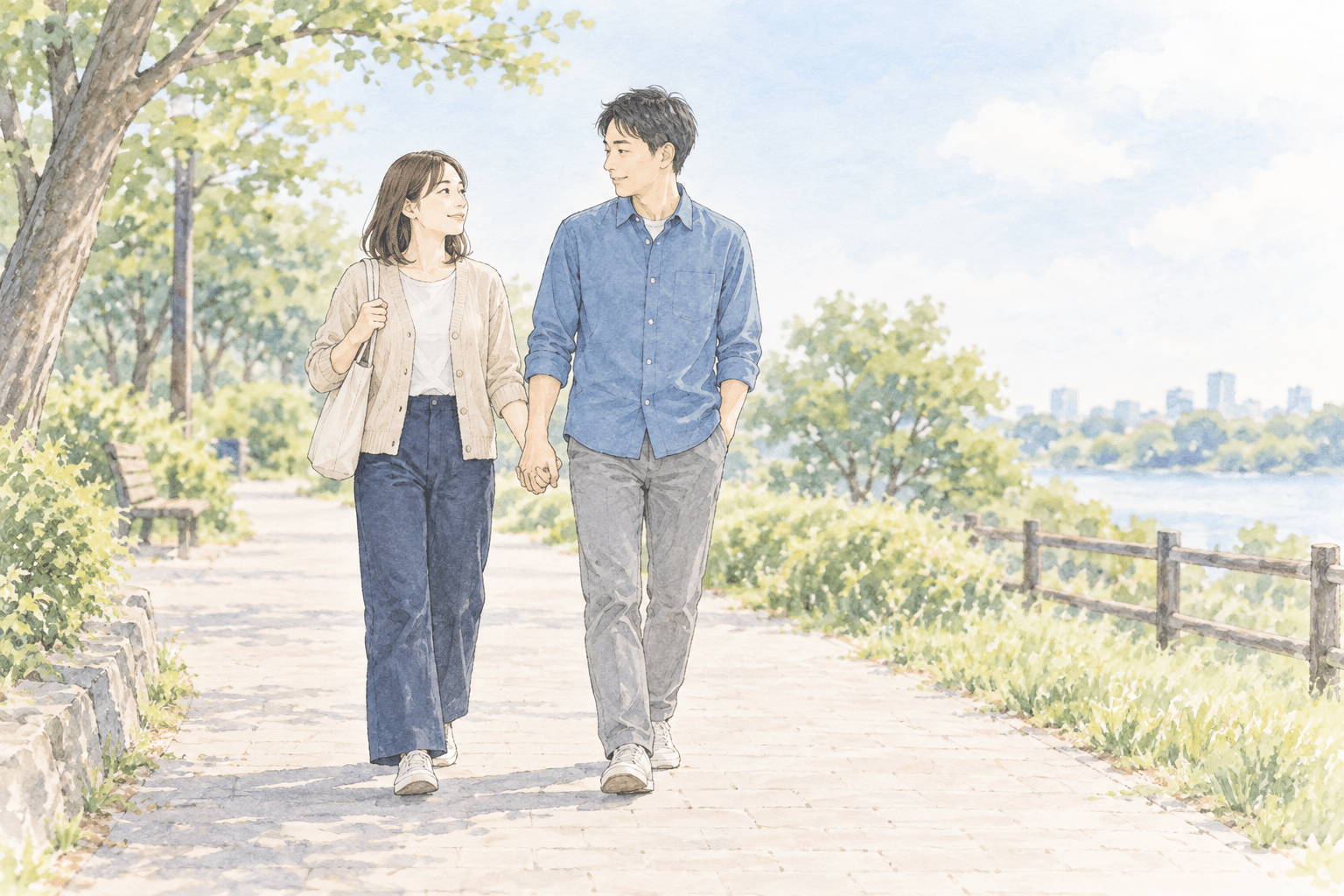 手をつなぎ、公園を一緒に歩く成人のパートナー二人のイラスト