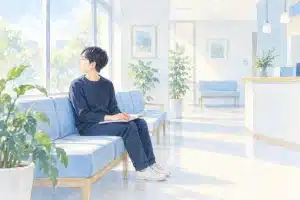 検査のために訪れた待合で、書類を持って静かに待つ人