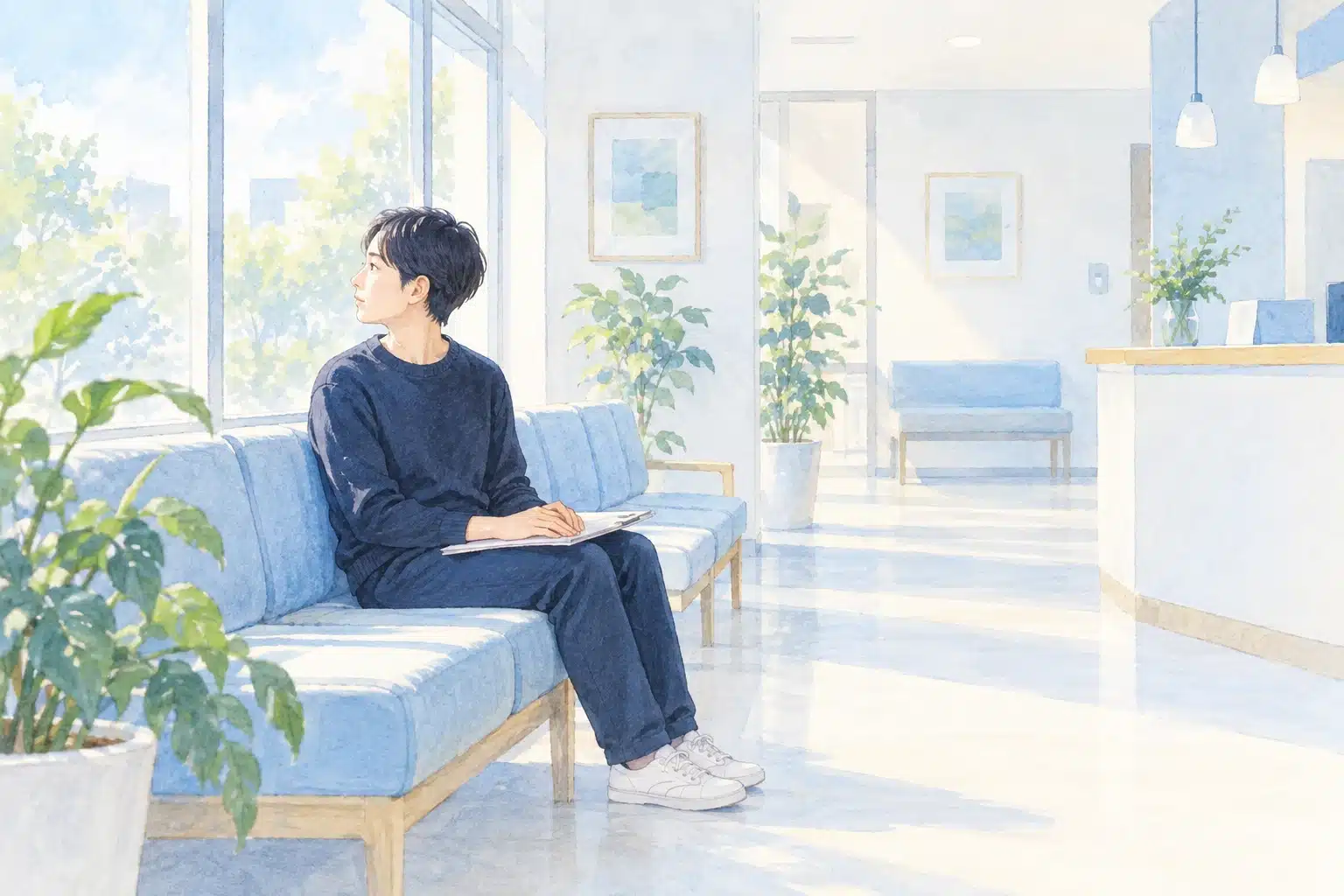 検査のために訪れた待合で、書類を持って静かに待つ人