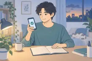 自宅でスマートフォンのリマインダーとカレンダーを確認する人