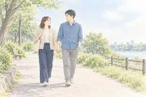 手をつなぎ、公園を一緒に歩く成人のパートナー二人
