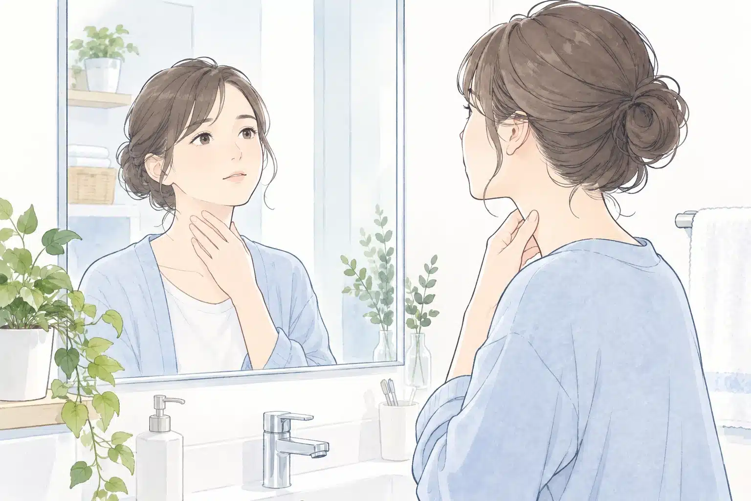 鏡の前でのどを気にする人のイラスト