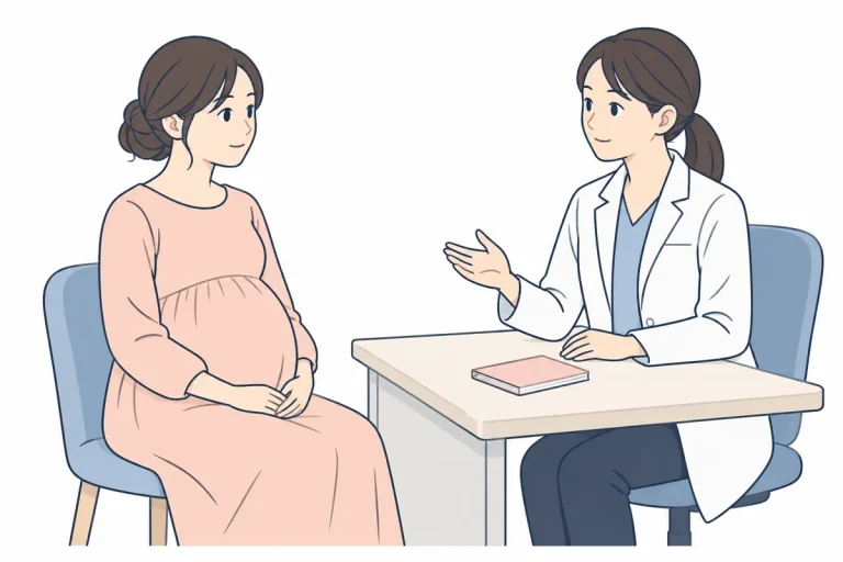 妊娠中の体調について医師に相談する女性