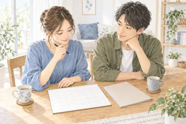 妊娠に向けた予定について話し合う成人のカップルのイラスト