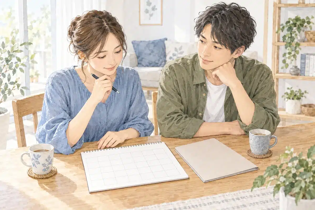 妊娠に向けた予定について話し合う成人のカップルのイラスト