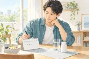 カレンダーを確認し、毎日の服薬を生活に取り入れるイメージ