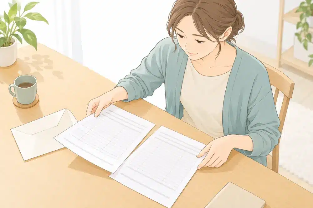 以前と今回の検査結果の用紙を整理して確認する女性のイラスト