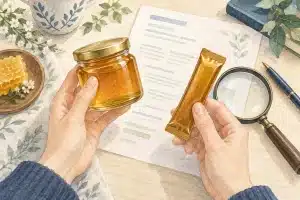 はちみつと個包装、書類を確認する手元のイラスト