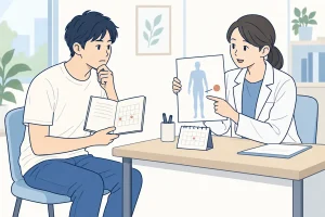 陰部の皮膚の変化について、メモを見ながら医師に相談する人