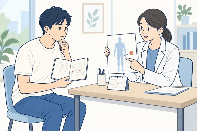 陰部の皮膚の変化について、メモを見ながら医師に相談する人